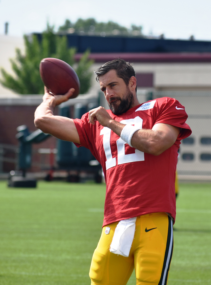 Quarterback Aaron Rodgers throws a pass in training camp July 28.