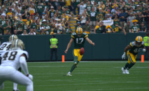Carlson kicks off for the Green Bay Packers after a touchdown in their game against the New Orleans Saints on Sunday, Sept. 24.