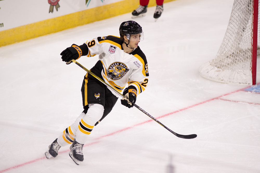 Julian Lutz takes the ice in the Gamblers' home opener against the Dubuque Fighting Saints. Cormac McInnis photos
