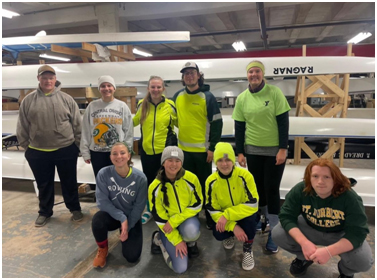 St. Norbert College rowers after an on-water practice. Pictured back row from left: John Olsen, Cici Bart, Sam Haase, Will Yurjevich and Abi Ogren; front row: Delaney Hennes, Sarah Scanlan, Kyler Lasee, and Wyatt Gasper. Submitted photo