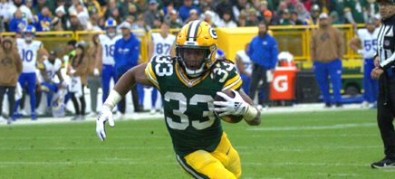 Green Bay Packers Running Back Aaron Jones takes the ball up the field in their game against the Los Angeles Rams on Sunday, Nov. 5. Tori Wittenbrock photo