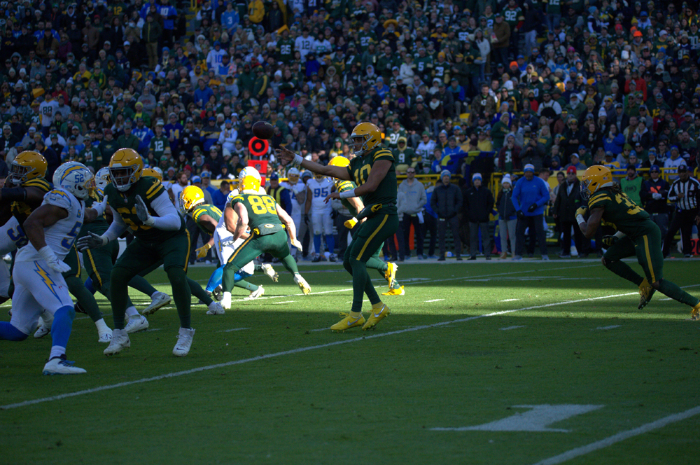 Quarterback Jordan Love threw for over 300 yards in the Packers' game against the Chargers on Sunday, Nov. 19. Tori Wittenbrock photos