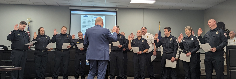 Howard Fire Rescue honored 15 battalion chiefs, lieutenants and full-time firefighters in a badge-pinning and swearing-in ceremony at the Jan. 22 meeting of the Howard Village Board