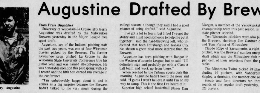 The June 6, 1974, sports section of the La Crosse Tribune announces Jerry's Augustine's signing with the Milwaukee Brewers