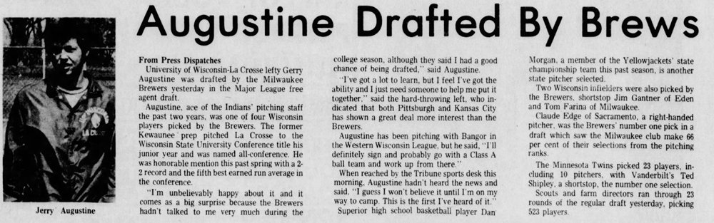 The June 6, 1974, sports section of the La Crosse Tribune announces Jerry's Augustine's signing with the Milwaukee Brewers