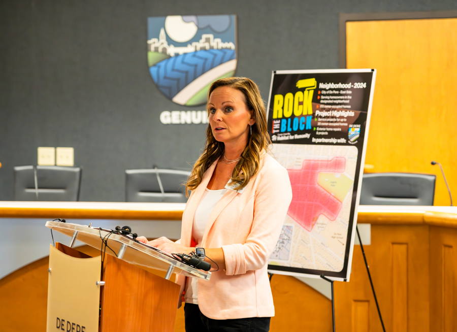 Jessica Diederich, CEO of Greater Green Bay Habitat, speaks during the unveiling of the Rock the Block program.