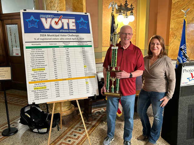 The winner in the Green Division was the town of Rockland. Pictured are Rockland Election Associate Randy Hansen and Clerk Julie Koenig